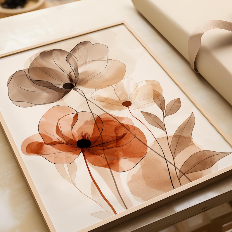 Botanisches Boho Poster in beige braun – Florales Wandbild mit Mohnblumen | Minimalistische Line Art für Wohnzimmer, Büro & Schlafzimmer Bild 7
