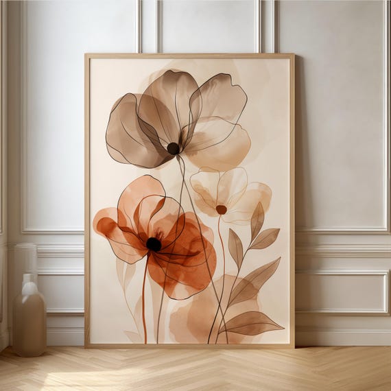 Botanisches Boho Poster in beige braun – Florales Wandbild mit Mohnblumen | Minimalistische Line Art für Wohnzimmer, Büro & Schlafzimmer