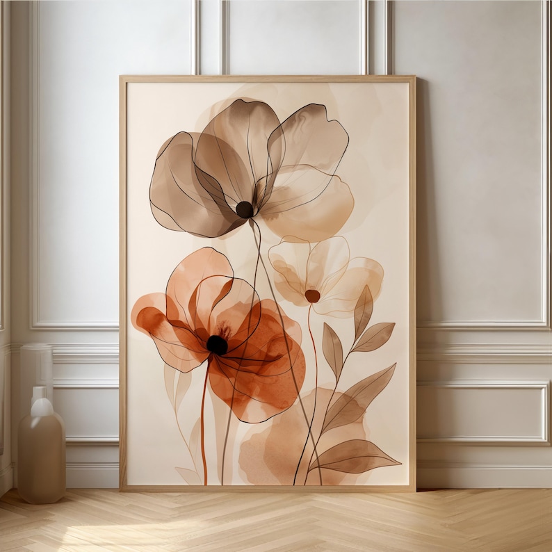Botanisches Boho Poster in beige braun – Florales Wandbild mit Mohnblumen | Minimalistische Line Art für Wohnzimmer, Büro & Schlafzimmer Bild 1