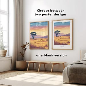 May include: Two poster designs featuring a landscape scene with a tree and the text "Etosha Namibia". The poster on the left has a sunset sky with a pink and orange gradient. The poster on the right has a blue and purple gradient sky. Both posters have a wooden frame.