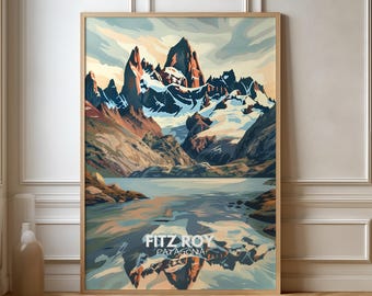 May include: A framed art print featuring a stylized landscape of the Fitz Roy mountain range in Patagonia. The artwork depicts snow-capped peaks, a serene lake, and the text "Fitz Roy Patagonia" at the bottom. The color palette includes blues, oranges, and browns.