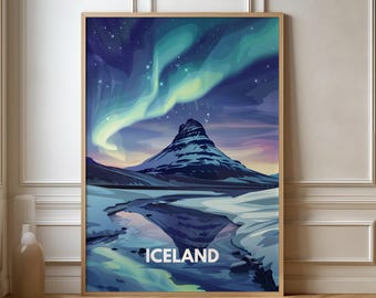 May include: A digital illustration of a mountain peak with the Northern Lights in the sky. The mountain is reflected in a frozen lake in the foreground. The text "ICELAND" is printed below the image.