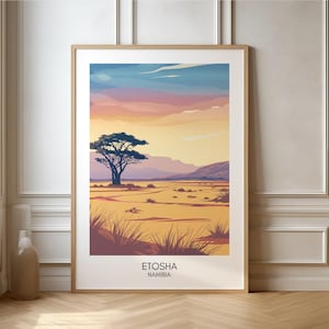 May include: A colorful sunset over a savanna landscape with a single tree in the foreground. The text "ETOSHA NAMIBIA" is at the bottom of the image.