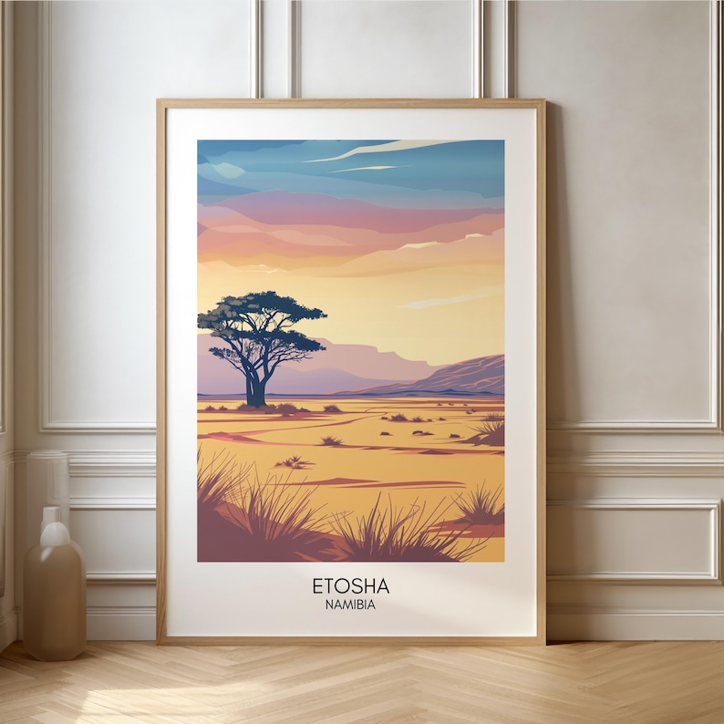 May include: A colorful sunset over a savanna landscape with a single tree in the foreground. The text "ETOSHA NAMIBIA" is at the bottom of the image.