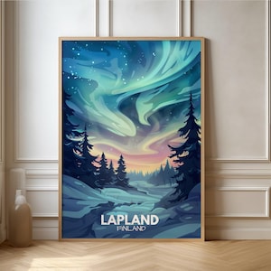 Northern Lights, Aurora Borealis, Lapland Poster, Finland Travel Poster, Scandinavia | Travel Gift, Nature, Landscape | Travel Print | Retro Wall Decor