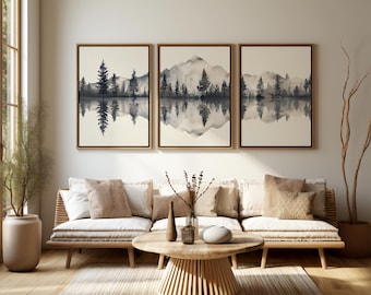 Minimalist poster set of 3 | Watercolor mountain landscape | Black beige | Wall art for living room and bedroom | Decorative art print