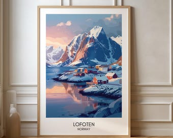 May include: A framed illustration of a snowy mountain landscape with red houses and a body of water reflecting the sky. The text "LOFOTEN NORWAY" is at the bottom of the image.