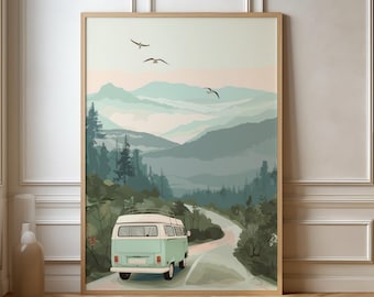 Roadtrip Poster Vanlife Camper Travel Poster Van | Gift Travel Nature Landscape Camping Adventure | Travel Print | Retro Wall Art