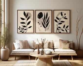Lot de 3 affiches botaniques bohèmes – Décoration murale minimaliste en noir et blanc | Art végétal moderne, décoration murale scandinave, ensemble d'imprimés botaniques