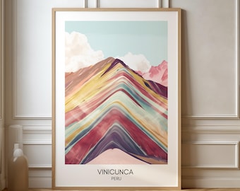 Vinicunca Poster Rainbow Mountain Peru South America Travel Poster | Gift Travel Nature Hiking Landscape | Travel Art | Retro Wall Decoration
