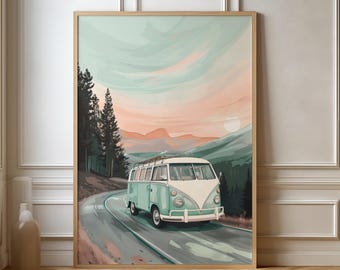 Roadtrip Poster Vanlife Camper Reiseposter Van | Geschenk Reisen Natur Landschaft Camping Abenteuer | Reisedruck | Retro Wandkunst