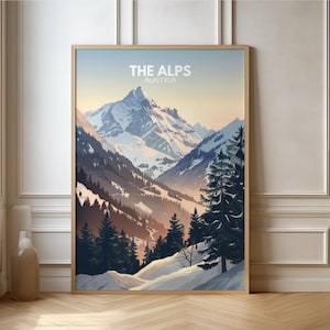 Poster Alpi Austria Poster di viaggio Europa | Regalo Viaggio Montagne Escursionismo invernale Paesaggio | Decorazione murale retrò | Poster di viaggio