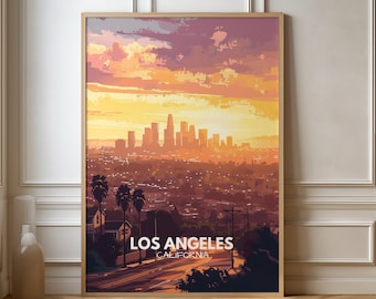 May include: A digital illustration of the Los Angeles skyline at sunset. The image features a cityscape with tall buildings and a bright orange sky with clouds. The text "Los Angeles, California" is at the bottom of the image.