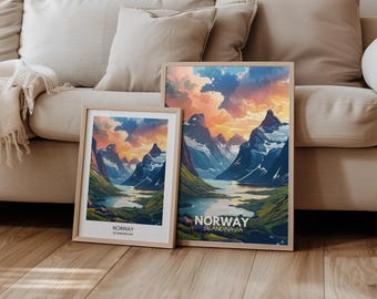 May include: Two framed prints of a scenic landscape in Norway. The top print features a mountain range with a lake in the foreground. The bottom print features a similar scene with a more detailed view of the lake and mountains. Both prints have the text "NORWAY SCANDINAVIA" at the bottom.
