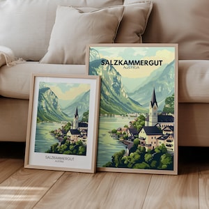 Poster di viaggio Salzkammergut, Austria | Regalo di viaggio, paesaggio, montagna, lago, escursionismo | Decorazione murale retrò