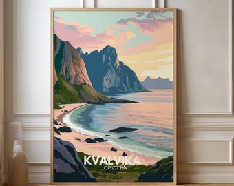 May include: A colorful illustration of a beach scene with mountains in the background. The text "Kvalvika Lofoten" is at the bottom of the image.