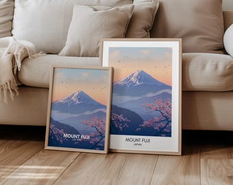以下が含まれることがあります： 富士山と桜の風景画が木製の額縁に入っています。日本の伝統的な風景画です。