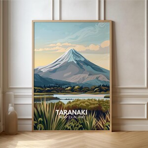 Taranaki Poster Mountain New Zealand Travel Poster Egmont National Park Oceania | Gift Nature Globetrotter Travel | Travel Print | Retro Wall Art