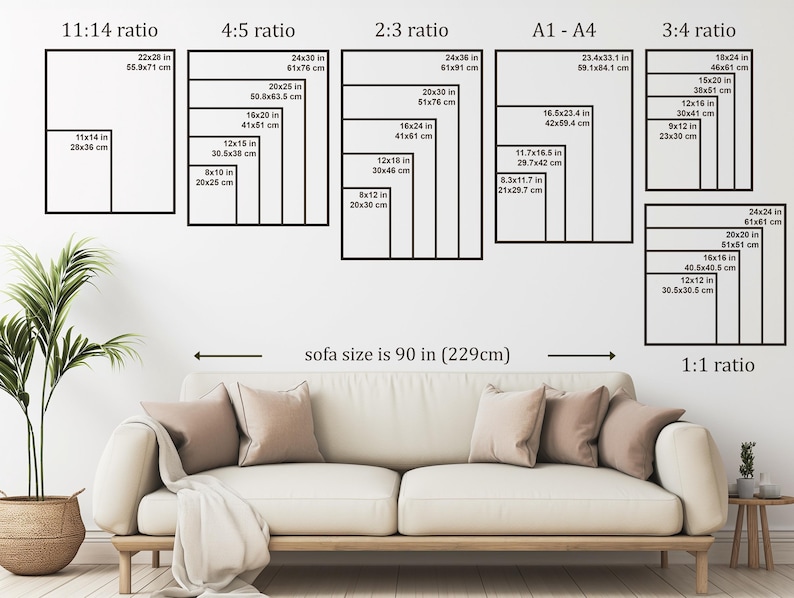 K&ouml;nnte beinhalten: Ein Diagramm, das verschiedene Seitenverh&auml;ltnisse f&uuml;r die Rahmung von Kunstwerken zeigt, mit Ma&szlig;en in Zoll und Zentimetern. Das Diagramm zeigt ein Sofa mit einer Breite von 90 Zoll (229 Zentimetern).
