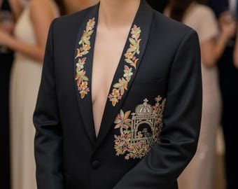 Embroidered Peacock Black Pantsuit | Women's Bridal Suit, Formal Attire