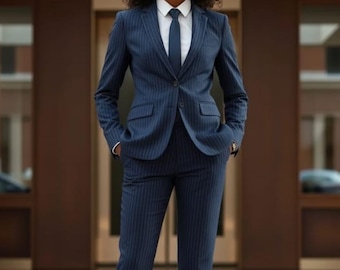 Completo pantalone gessato da donna: blazer e pantaloni blu navy su misura
