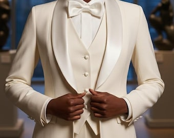 May include: Ivory-colored formal suit with a satin lapel, bow tie, and vest. The suit is tailored with a classic fit. The background features a cityscape visible through a window, and two sculptures on pedestals.