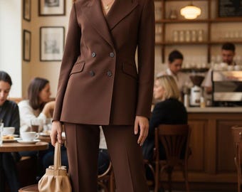 Completo da donna 2 pezzi color marrone caffè / Elegante completo di pantaloni formali / Realizzato su misura
