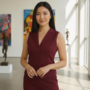 May include: A woman wearing a burgundy sleeveless vest and matching trousers. The vest has a button-down front and a notched collar. The woman is standing in a well-lit art gallery with paintings and sculptures in the background.