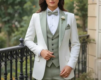 Custom Made Women's Pant Suit | White & sage green  5-Piece Set
