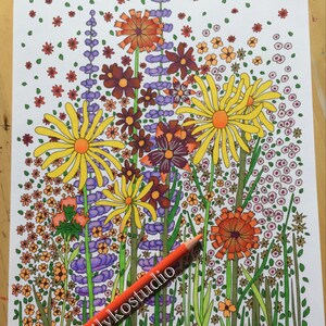 May include: A detailed floral coloring page with various flowers in shades of yellow, orange, purple, and brown. An orange colored pencil rests on the page, with the text "kilykostudio" visible. The image is a close-up of the artwork.