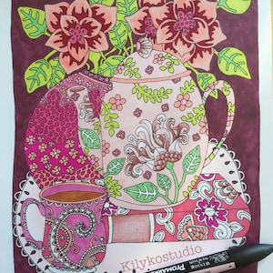 fancy teapot teacup flowers and journal adult coloring page instant digital download pdf
