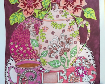 fancy teapot teacup flowers and journal adult coloring page instant digital download pdf