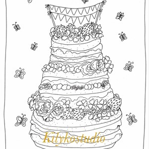 Puede incluir: Un dibujo en blanco y negro de un pastel de boda de varios pisos decorado con flores, bayas y mariposas. El pastel tiene una pancarta con banderas en la parte superior y el texto "Kilykostudio" est&aacute; escrito en el lateral.