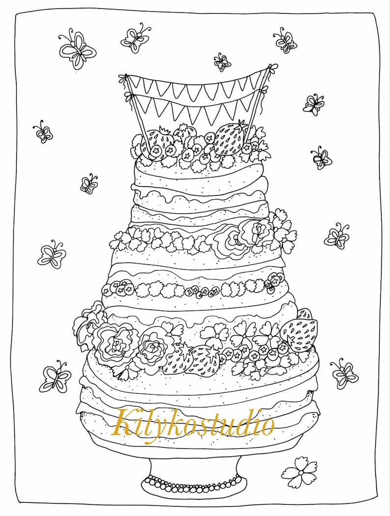 Strawberry Cake Adult Coloring Page Diy Art Instant Digital | Etsy