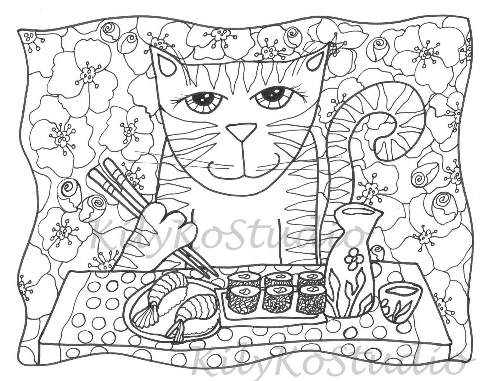 Sushi Cat Cherry Blossoms Coloring Page Instant Digital Download PDF - Etsy
