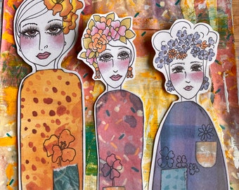 Collage Paper Dolls Book Markers Mixed Media Junk  & Art Journaling Ephemera DIGITAL COPY PDF Paper Ornaments 3 Ladies Flowers in Hair