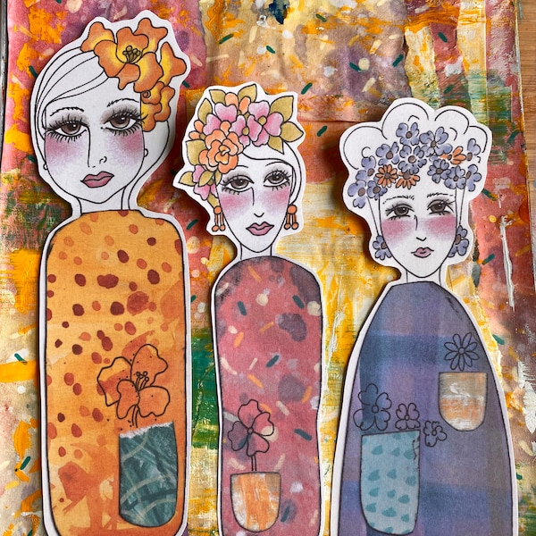 Collage Paper Dolls Book Markers Mixed Media Junk  & Art Journaling Ephemera DIGITAL COPY PDF Paper Ornaments 3 Ladies Flowers in Hair