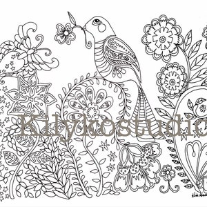 May include: A black and white line drawing of a bird with a long tail, surrounded by flowers and stars. The bird is perched on a branch and is looking to the left. The drawing is intricate and detailed, with many small details.