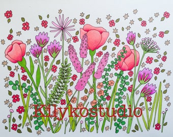 wildflowers poppies adult coloring page instant digital download pdf