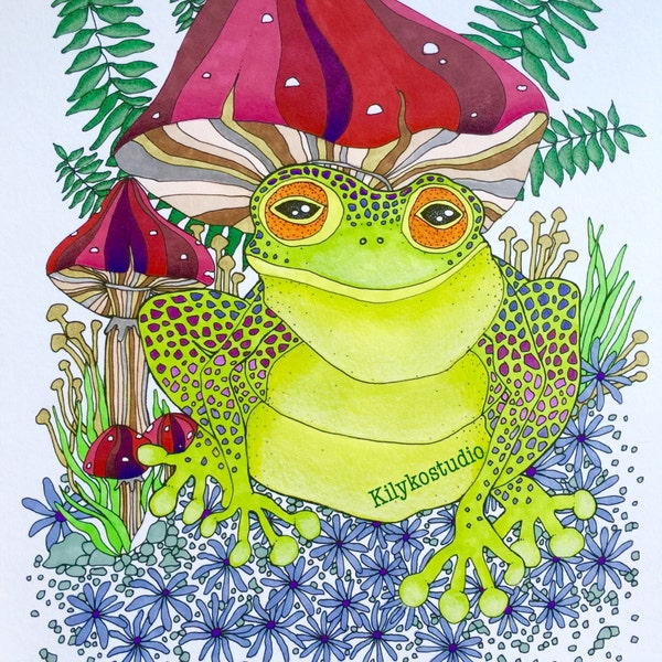 frog toad and mushrooms forest floor adult coloring page instant digital download pdf