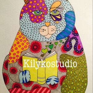May include: A colorful illustration of a cat reading a book. The cat is sitting on a gray background with red, yellow, green, blue, and purple patterns. The book is yellow and has the text "Kilykostudio" on the cover.