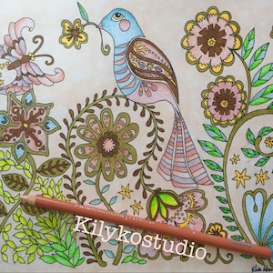 May include: A colorful illustration of a bird perched on a branch with flowers and leaves. The bird is pink, blue, and brown with a long tail. The flowers are pink, yellow, and brown. The leaves are green. The background is a light beige.