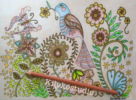 Art deco bird & butterfly flowers adult coloring page instant digital download pdf