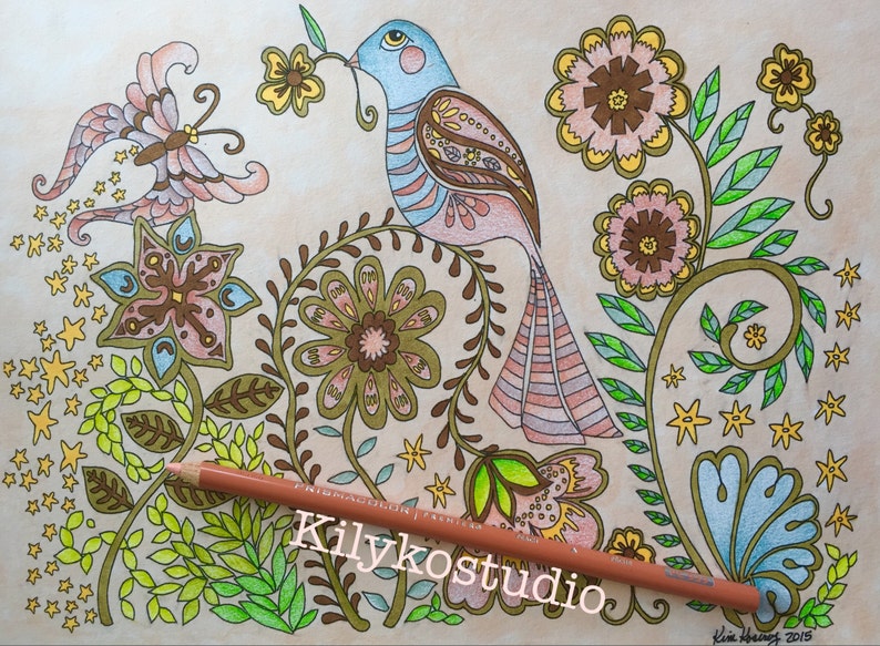 May include: A colorful illustration of a bird perched on a branch with flowers and leaves. The bird is pink, blue, and brown with a long tail. The flowers are pink, yellow, and brown. The leaves are green. The background is a light beige.