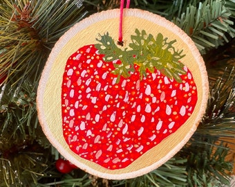 Strawberry Ornament Christmas Ornament Wood Slice Hand Painted One Of A Kind Art