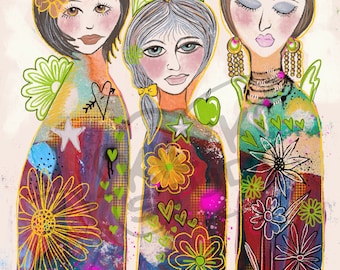 Collage Paper Dolls Book Markers Mixed Media Junk  & Art Journaling Ephemera DIGITAL COPY PDF Paper Ornaments 3 Ladies Vibrant Spring Print