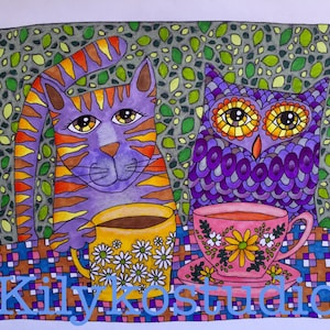 Owl & Cat Coffee Tea time adult coloring page instant digital download printable pdf