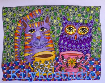 Owl & Cat Coffee Tea time adult coloring page instant digital download printable pdf