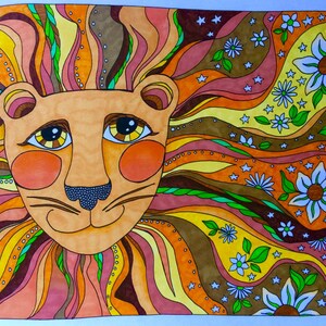 May include: A colorful illustration of a lion's face with a whimsical, psychedelic mane. The mane is made up of swirling lines in shades of orange, yellow, pink, and brown. The lion's face is orange with large, expressive eyes and a small, black nose. The background is filled with white flowers and stars.