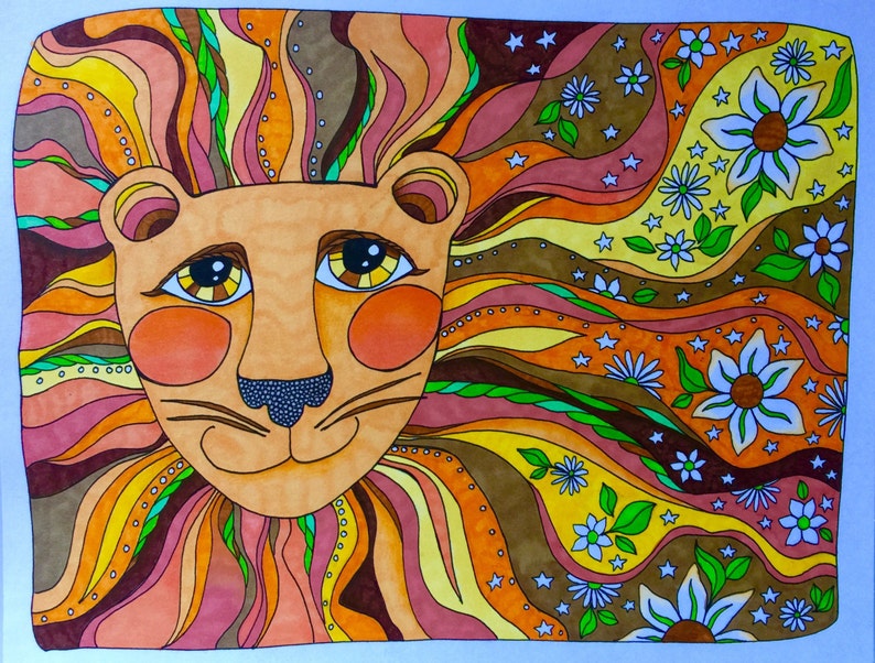 May include: A colorful illustration of a lion's face with a whimsical, psychedelic mane. The mane is made up of swirling lines in shades of orange, yellow, pink, and brown. The lion's face is orange with large, expressive eyes and a small, black nose. The background is filled with white flowers and stars.